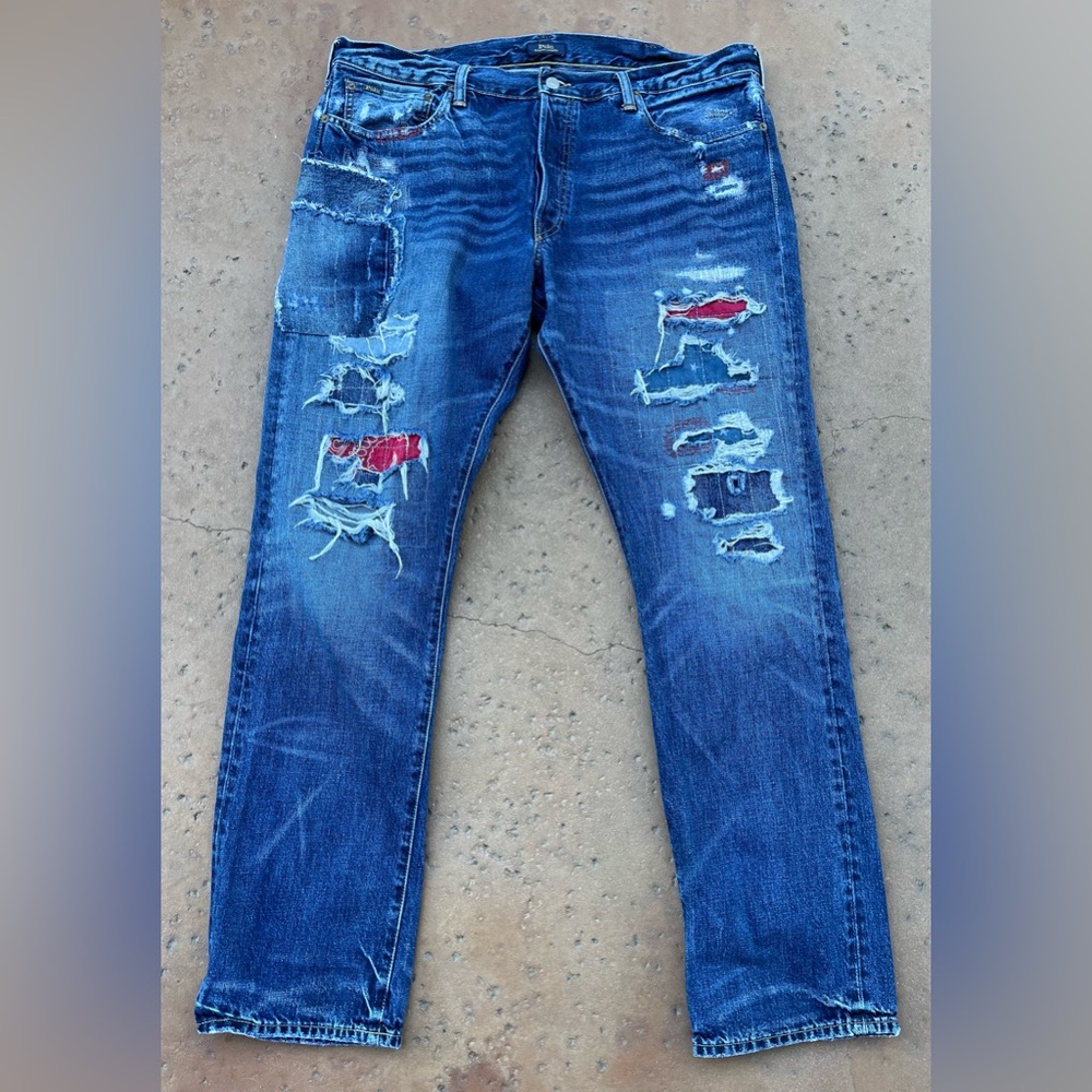 🇺🇸 RALPH LAUREN POLO ~ Distressed Patched & Stitch Sullivan Slim Jeans ~ 38x32